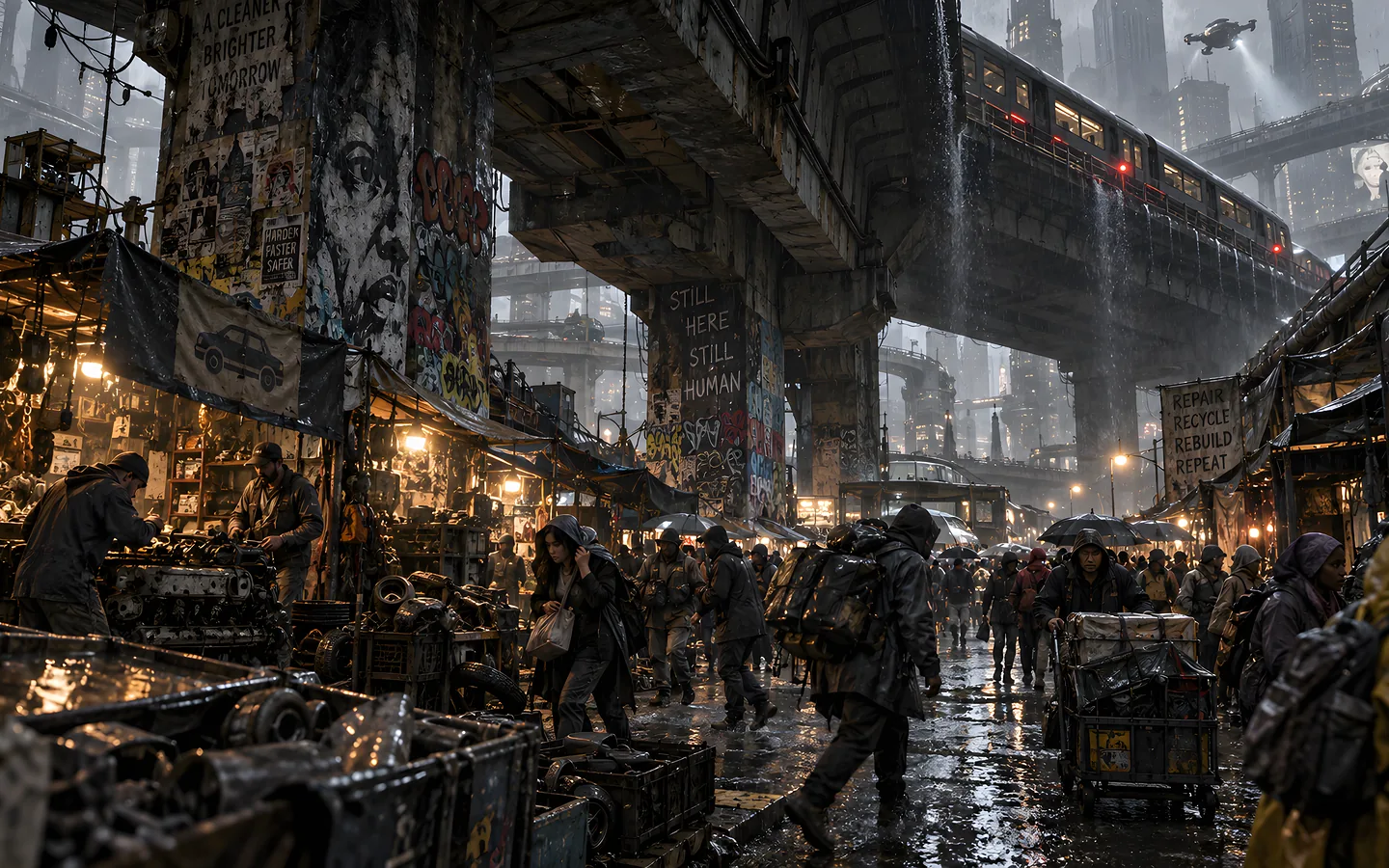 An artistic vision of a possible urban future. AI-generated image.